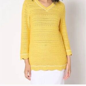 New Denim & Co. Beach 100% Cotton 3/4 Sleeve V-Neck Sweater Sunflower size 3X